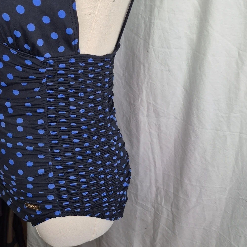DKNY One Piece Swimsuit Black/Blue Polka Dot Side Ruching V Neck Swimwear Sz 10 - Picture 4 of 15